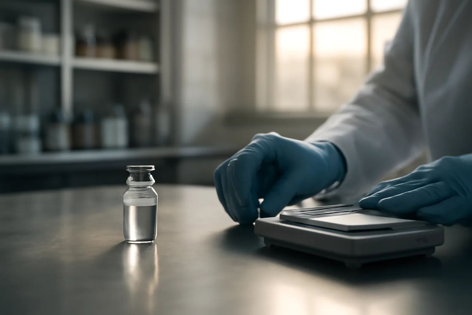 Pharmacist's gloved hands preparing a glass vial on a compounding pharmacy counter