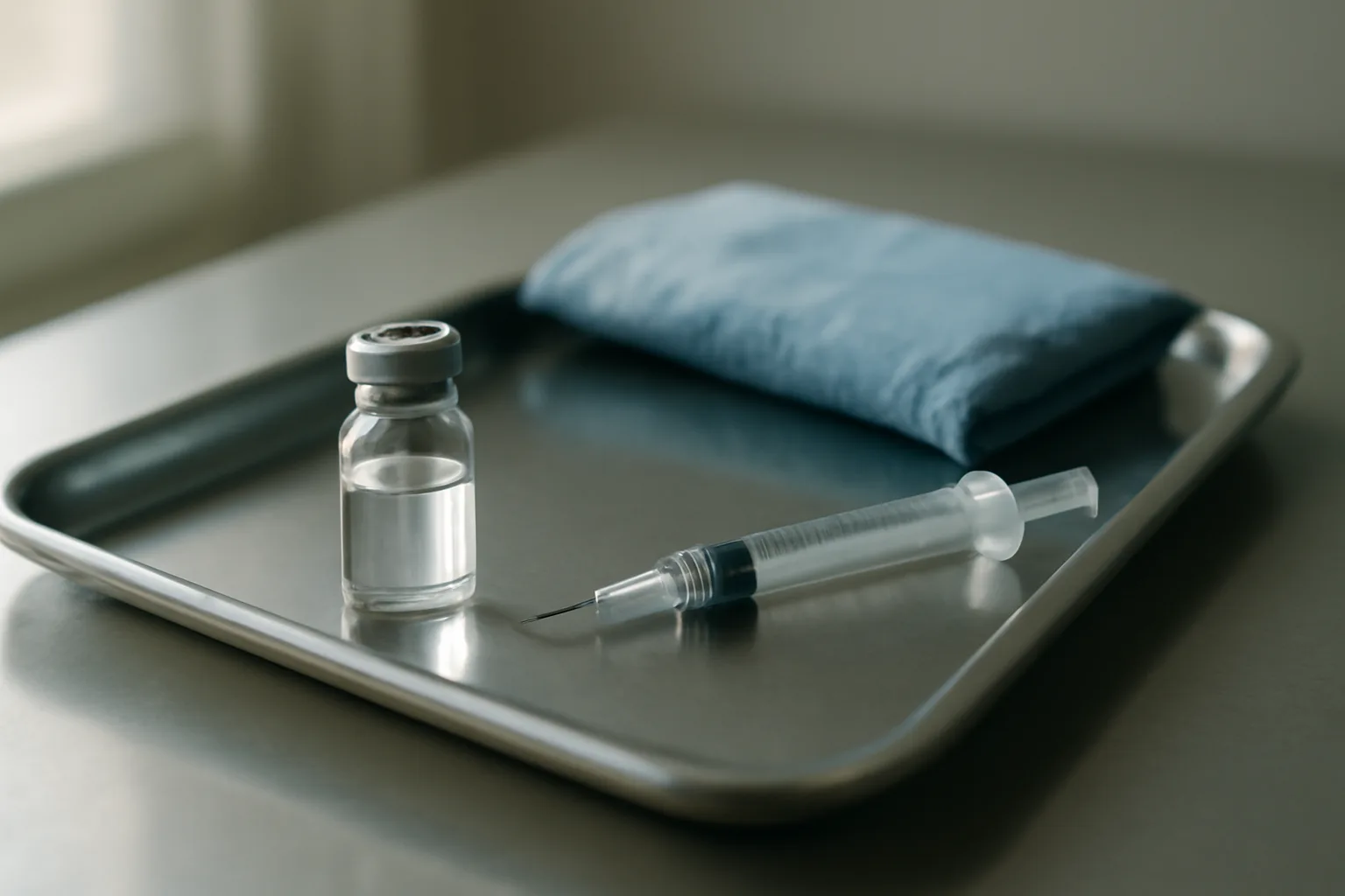 Vial and syringe on a clinic tray illustrating ipamorelin cost and pricing context