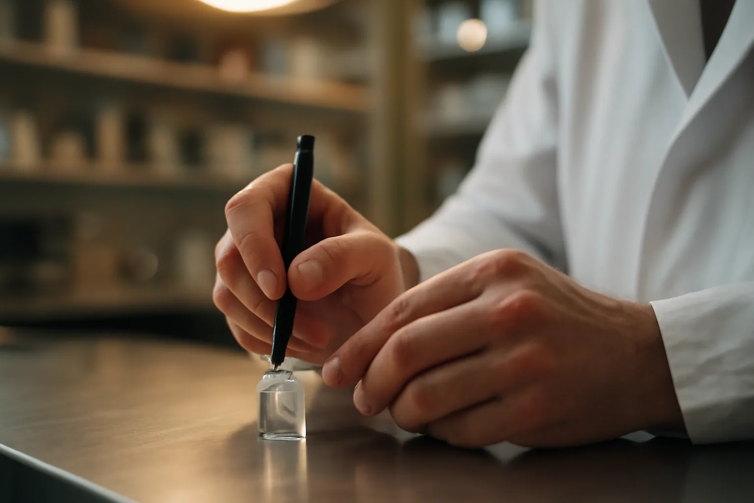 Pharmacist labeling a compounded vial at a sterile compounding bench