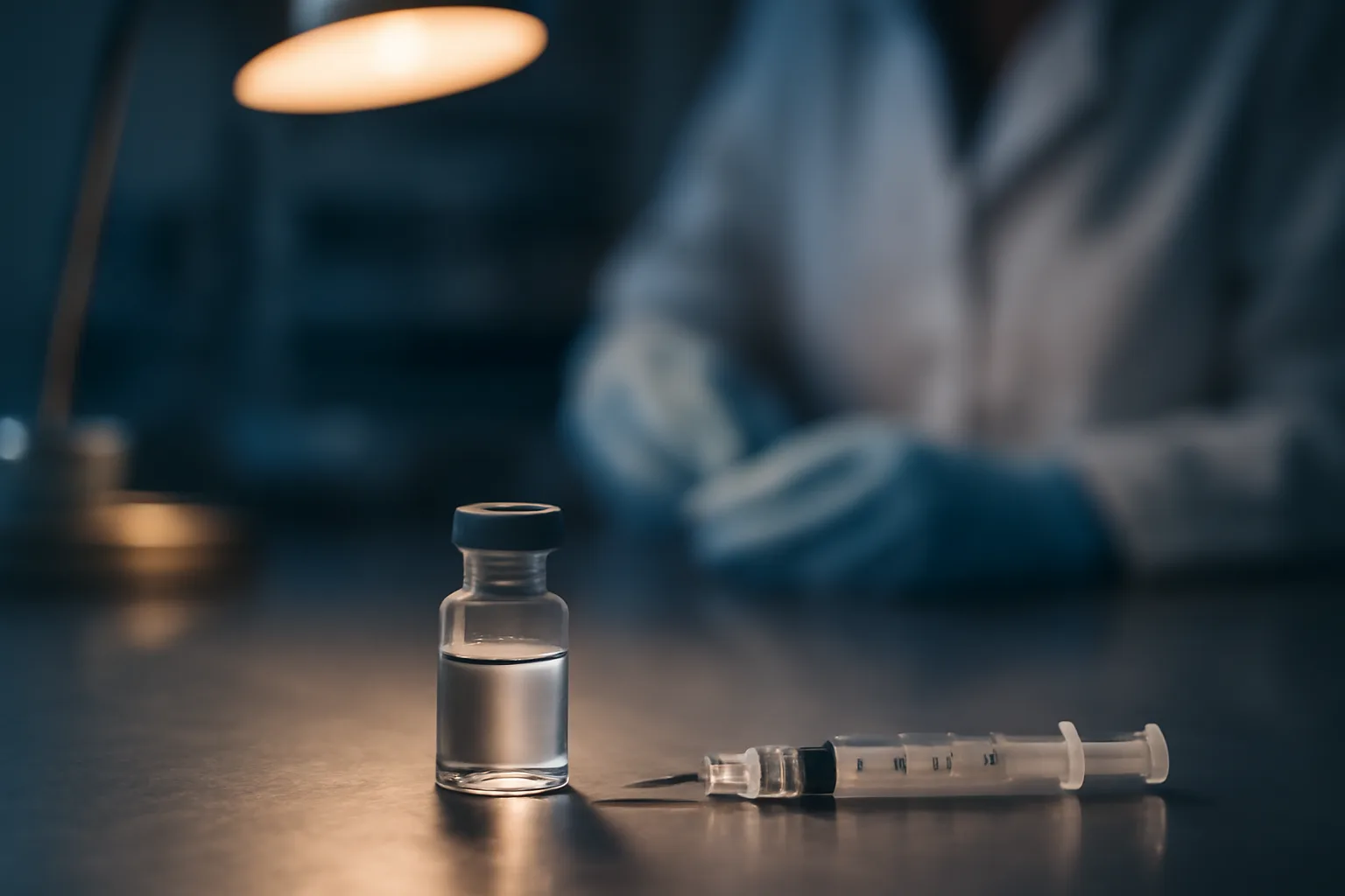 Pharmacist's gloved hands preparing a compounded peptide vial under task lighting