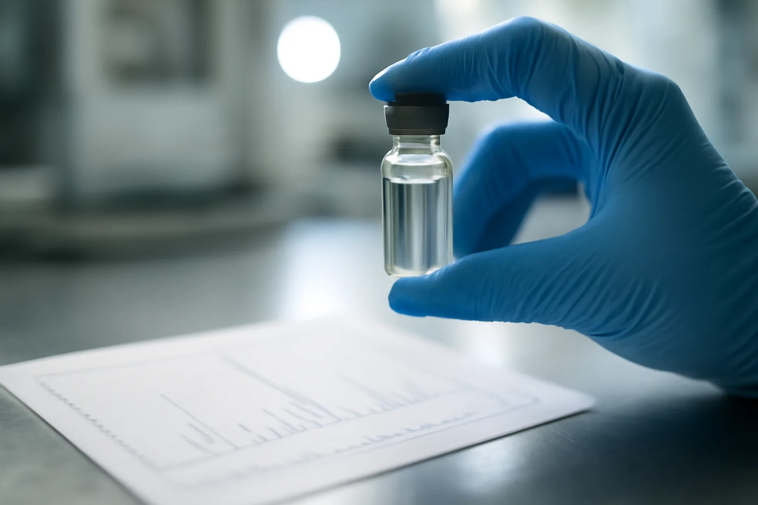 Gloved hand inspecting a glass peptide vial against lab lighting near a chromatogram printout