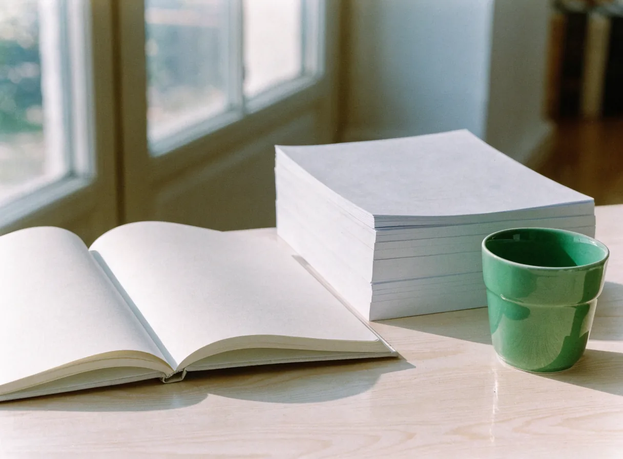 An open notebook with blank pages beside a stack of plain paper and a small leaf green ceramic cup on a pale desk.