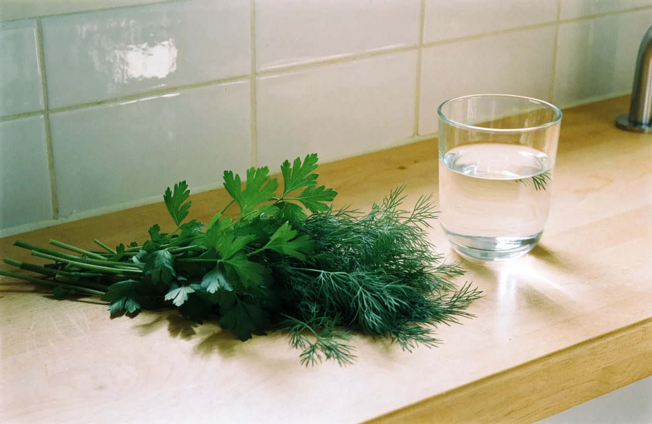 A bunch of fresh green herbs beside a clear glass of water on a pale wooden counter.