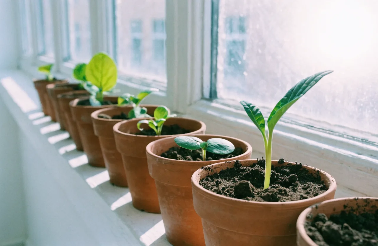 Young green seedlings in small terracotta pots on a bright white windowsill in fresh morning light.