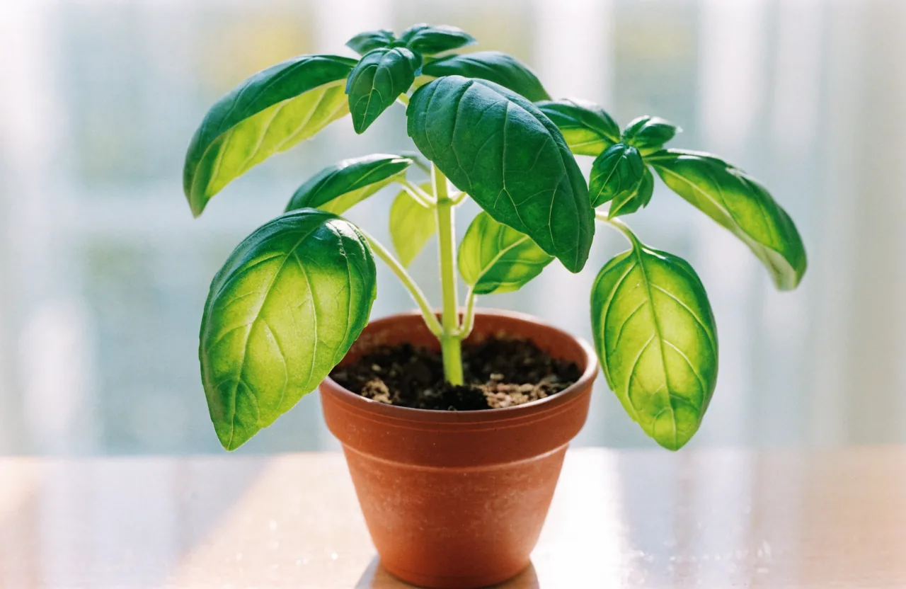A young basil plant in a small terracotta pot on a pale wooden table in bright morning light.