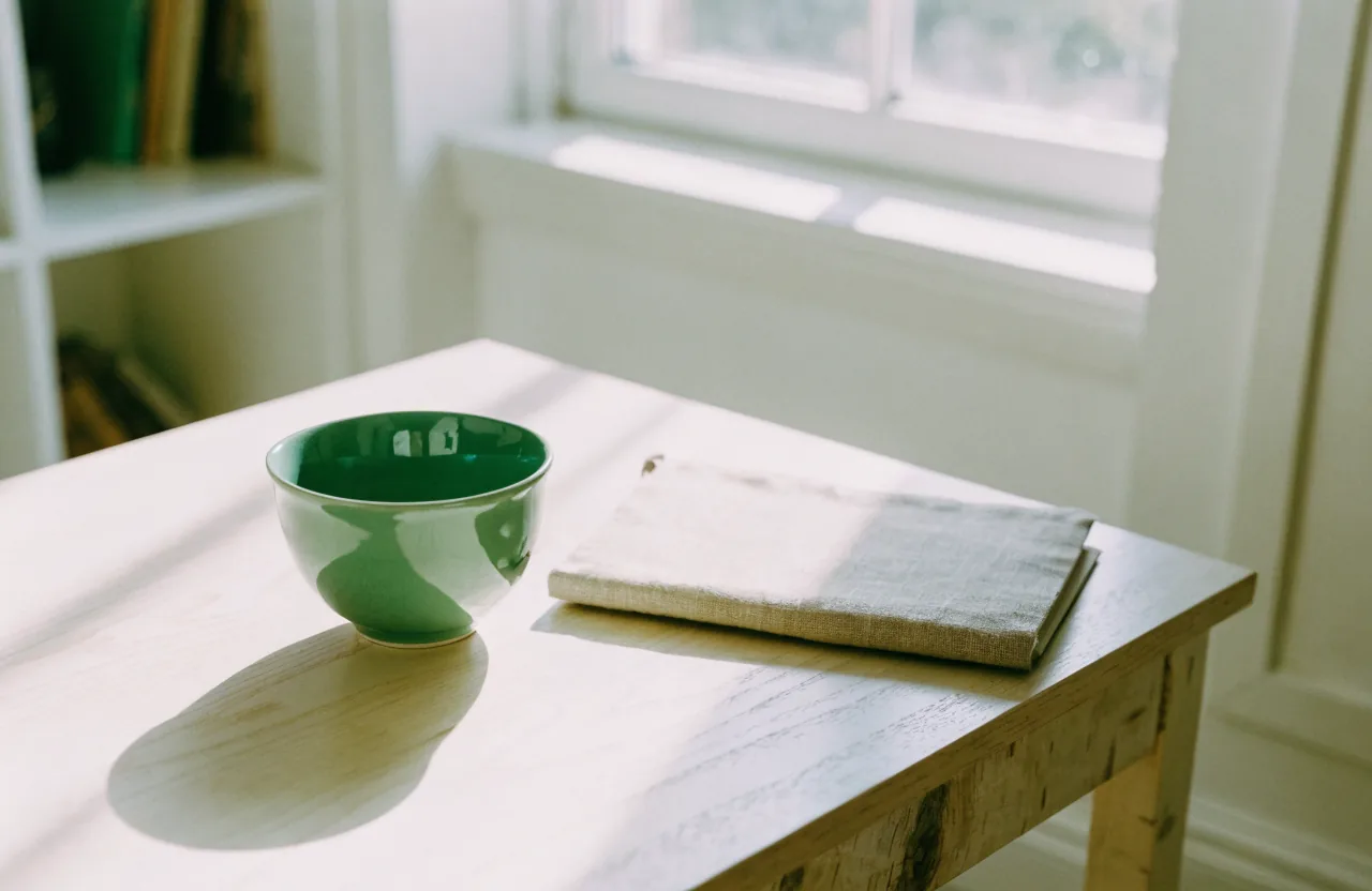 A leaf green glazed ceramic cup beside a closed linen-bound notebook on a pale birch desk in bright light.